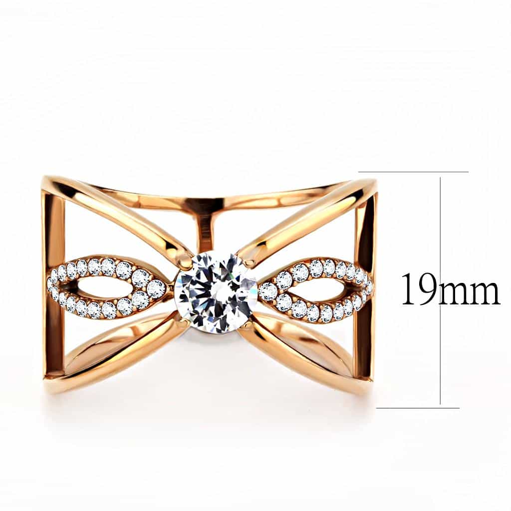 Stainless Steel Rose Gold CZ Round Pave Bow Crossover Ring view 4