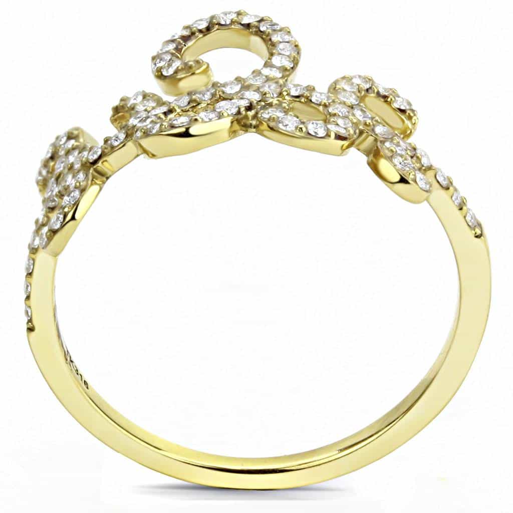 Stainless Steel Gold CZ Pave Scroll Fleur Crown Open Ring view 6