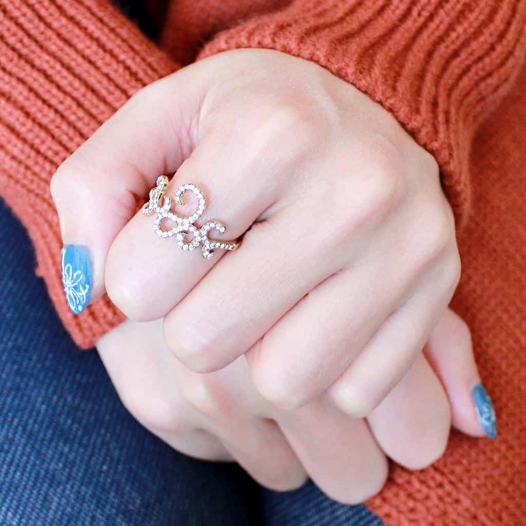 Stainless Steel Gold CZ Pave Scroll Fleur Crown Open Ring view 10