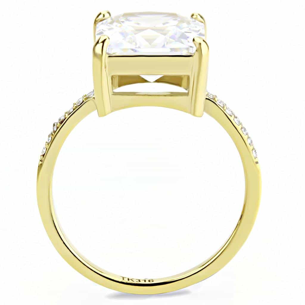 Stainless Steel Gold CZ Princess Cut Pave Prong Solitaire Ring view 6