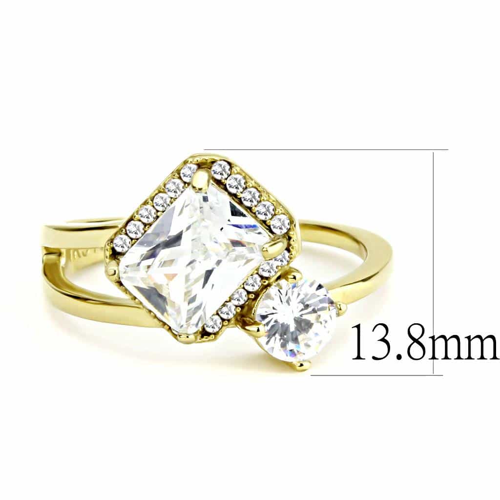 Stainless Steel Gold CZ Emerald Cut Pave Halo Three Stone Ring view 4