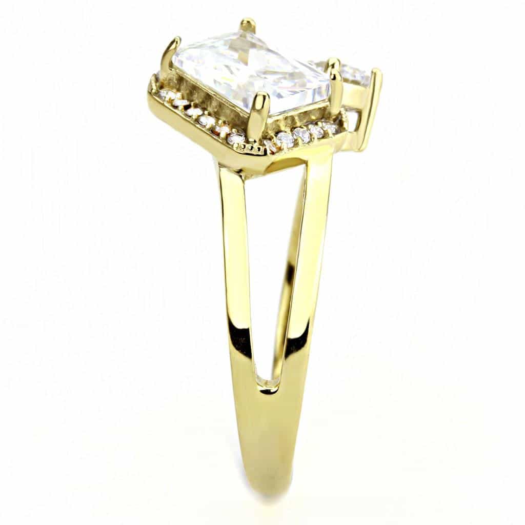 Stainless Steel Gold CZ Emerald Cut Pave Halo Three Stone Ring view 8