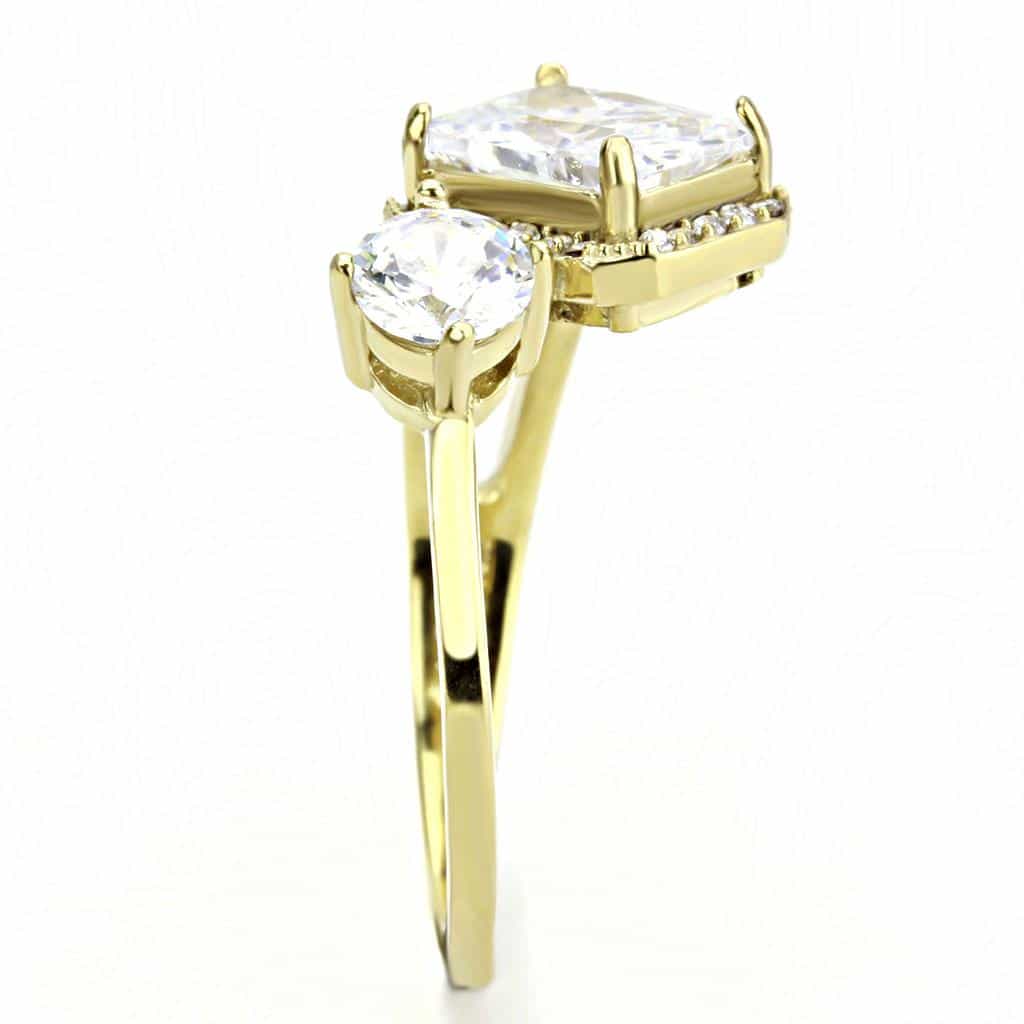 Stainless Steel Gold CZ Emerald Cut Pave Halo Three Stone Ring view 10
