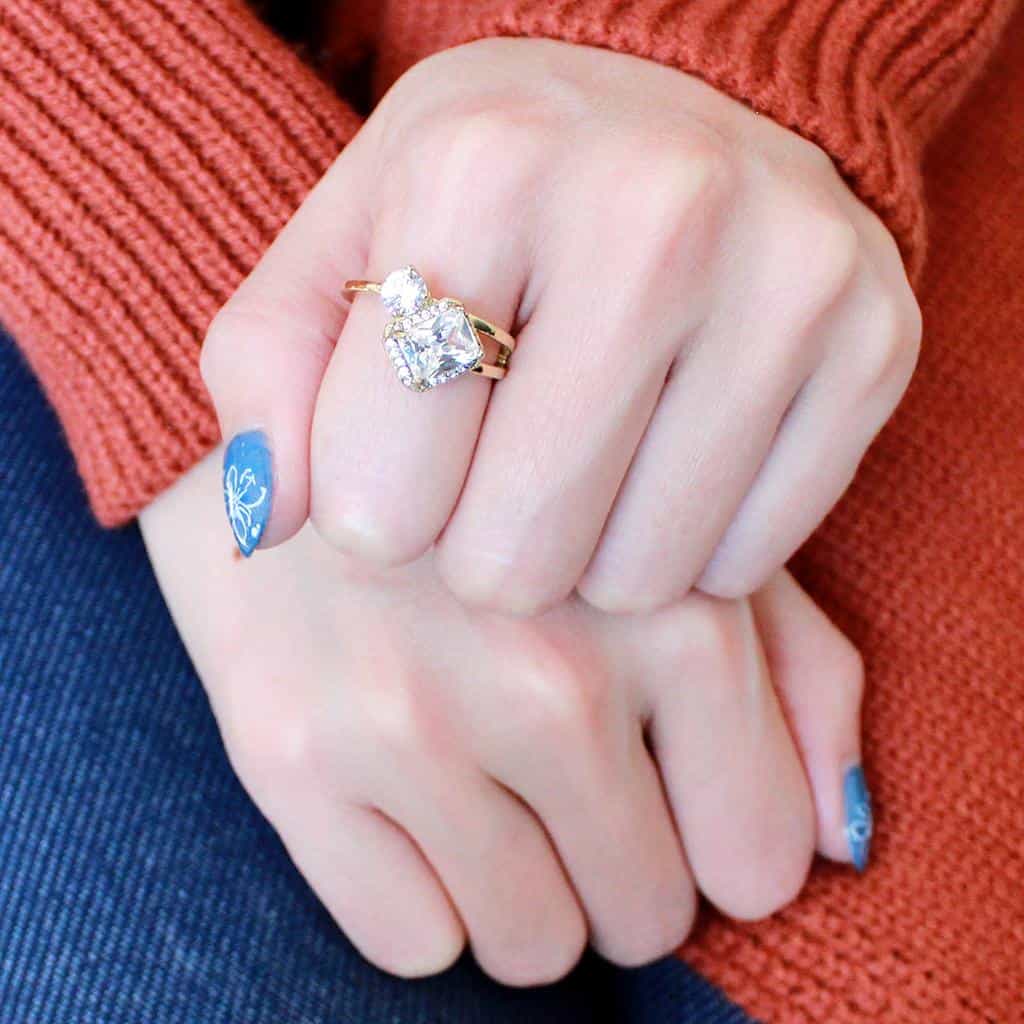 Stainless Steel Gold CZ Emerald Cut Pave Halo Three Stone Ring view 12
