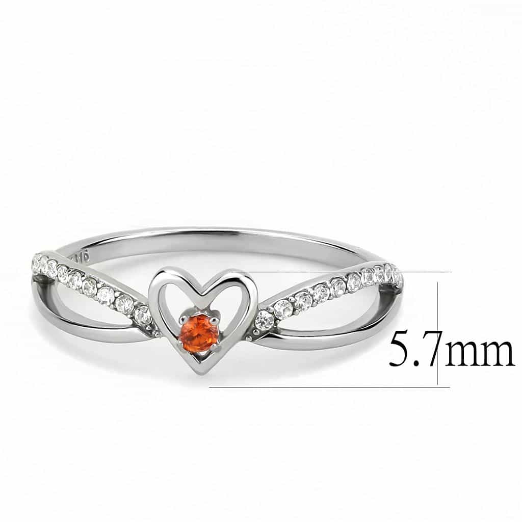 Stainless Steel Orange Garnet CZ Open Heart Pave Band Ring view 4