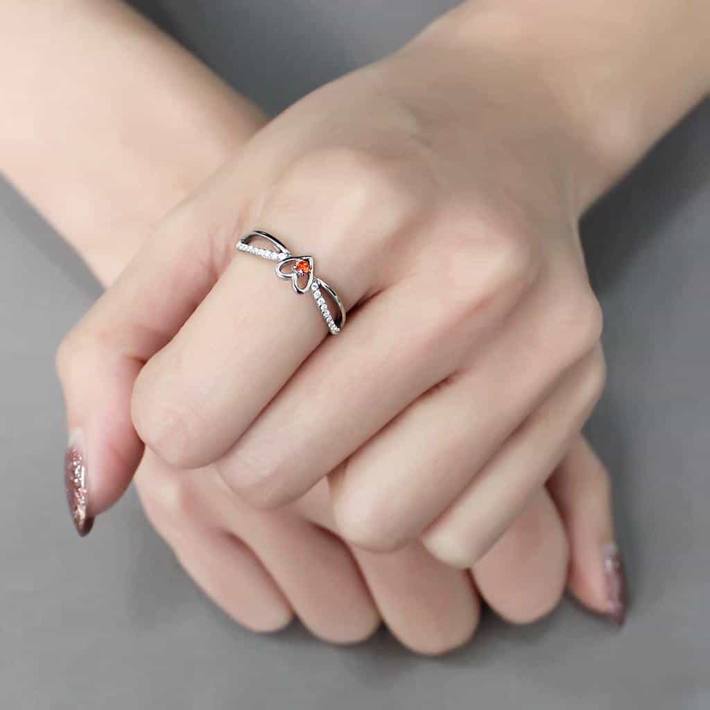 Stainless Steel Orange Garnet CZ Open Heart Pave Band Ring view 10