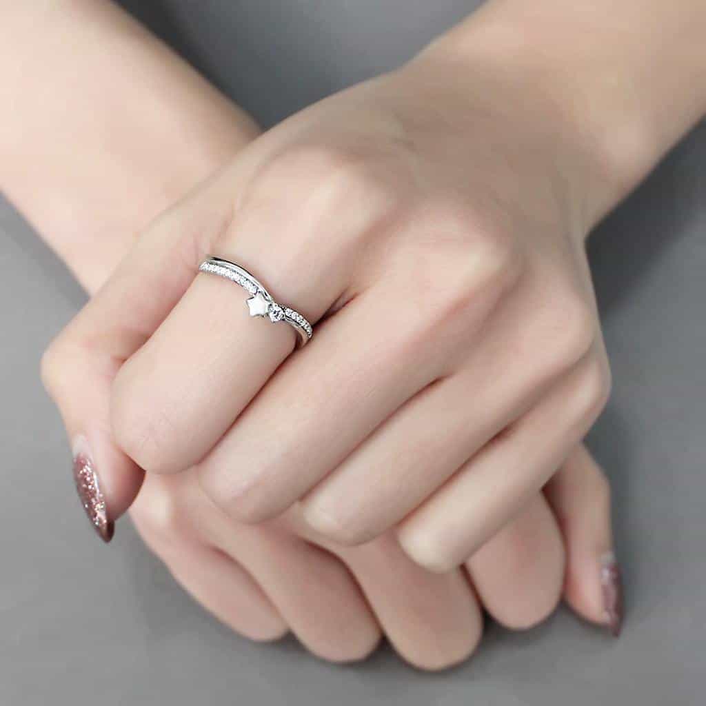 Stainless Steel CZ Pave Star Accent Slim Split Band Ring view 10