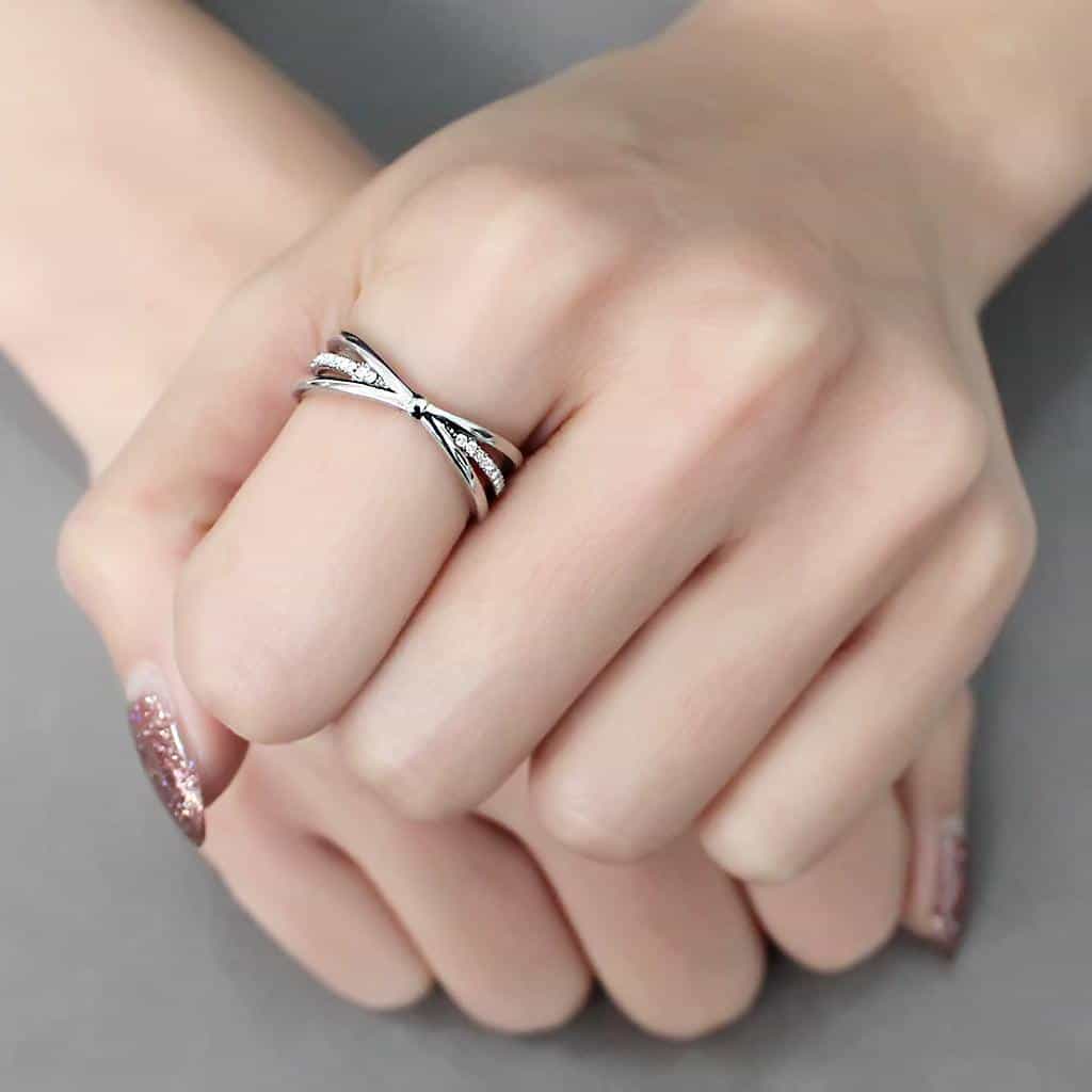 Stainless Steel CZ Pave V Split Crossover Open Band Ring view 10