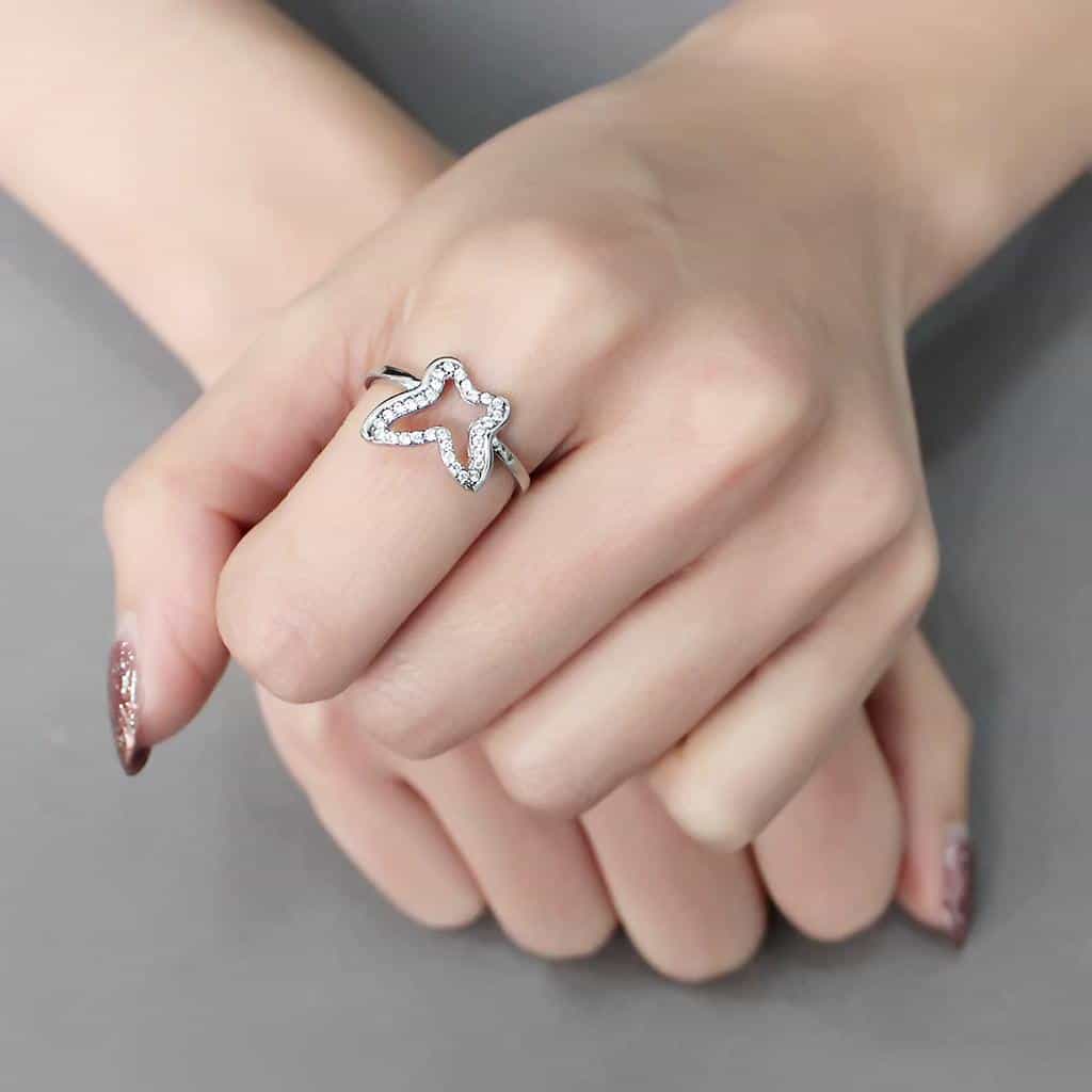 Stainless Steel CZ Pave Open Butterfly Outline Ring view 10