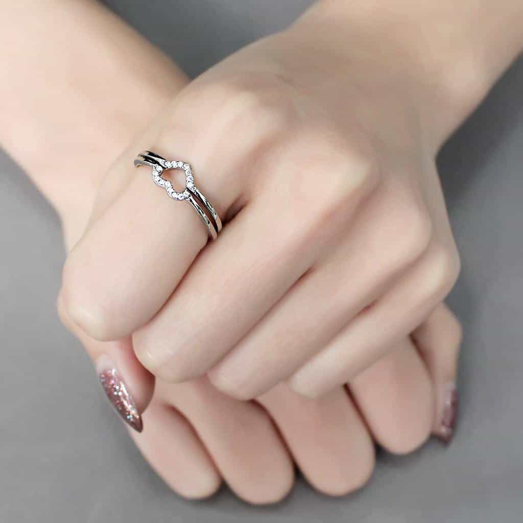 Stainless Steel CZ Pave Open Heart Double Band Ring view 10