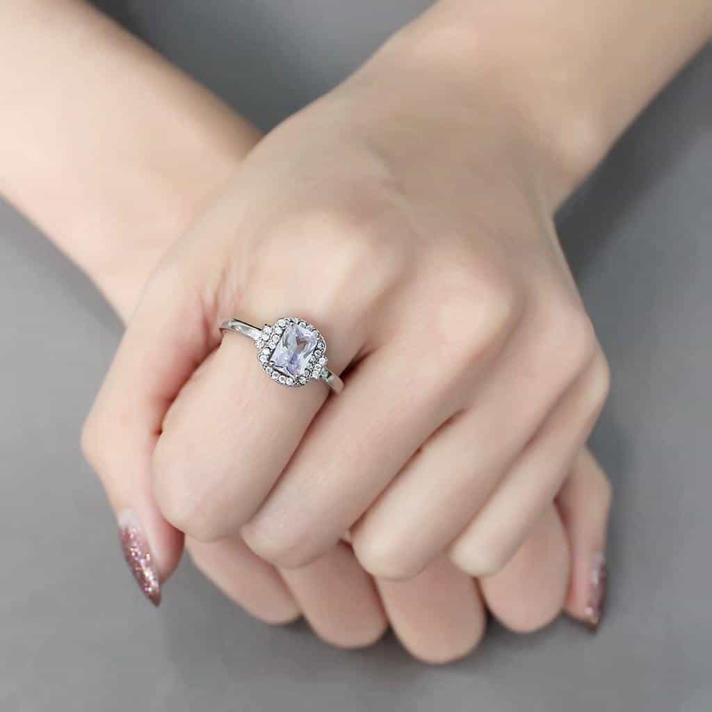 Stainless Steel Light Blue CZ Emerald Cut Pave Halo Ring view 10