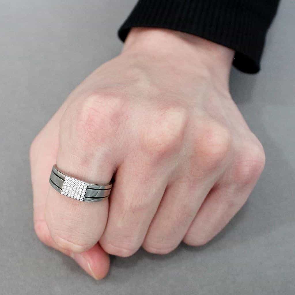 Stainless Steel CZ Pave Rectangle Signet Band Ring view 10