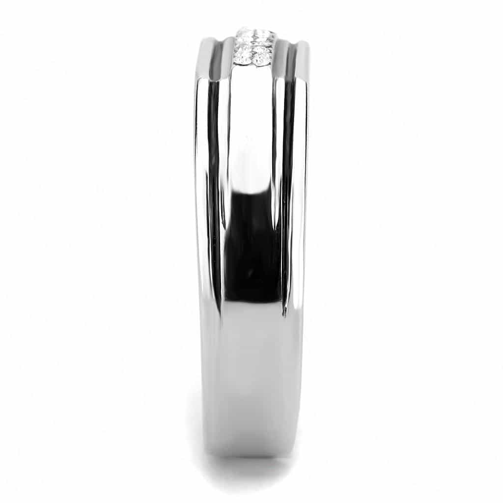 Stainless Steel CZ Pave Row Grooved Men Band Ring view 8