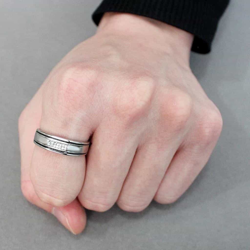 Stainless Steel CZ Pave Row Grooved Men Band Ring view 10