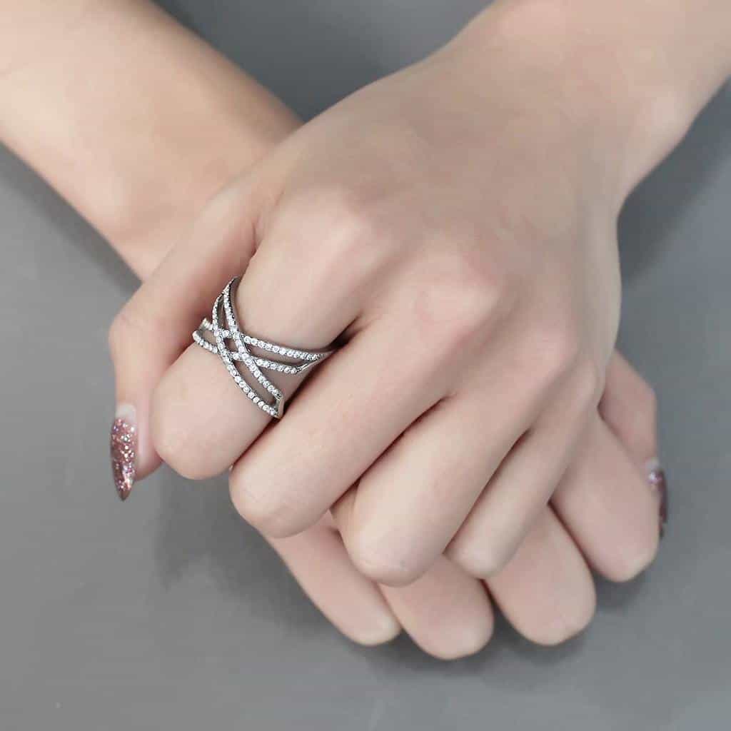 Stainless Steel CZ Pave Bow Ribbon Crossover Open Ring view 10