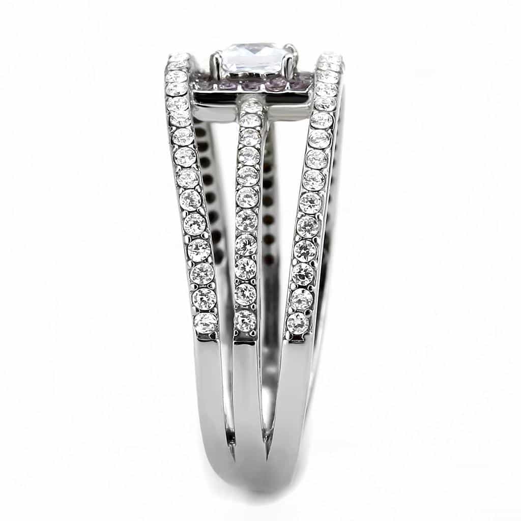 Stainless Steel CZ Princess Cut Pink Pave Halo Triple Band Ring view 8