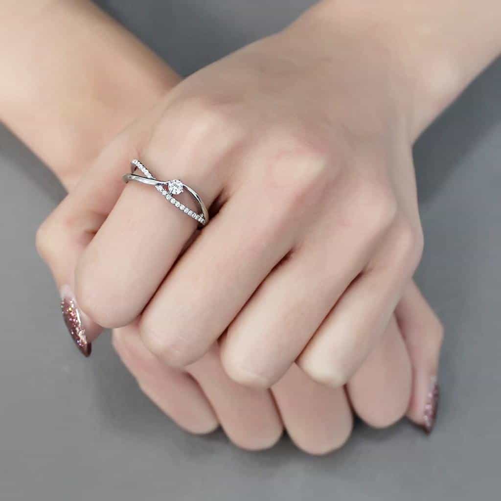 Stainless Steel CZ Round Prong Pave Crossover Bypass Ring view 10