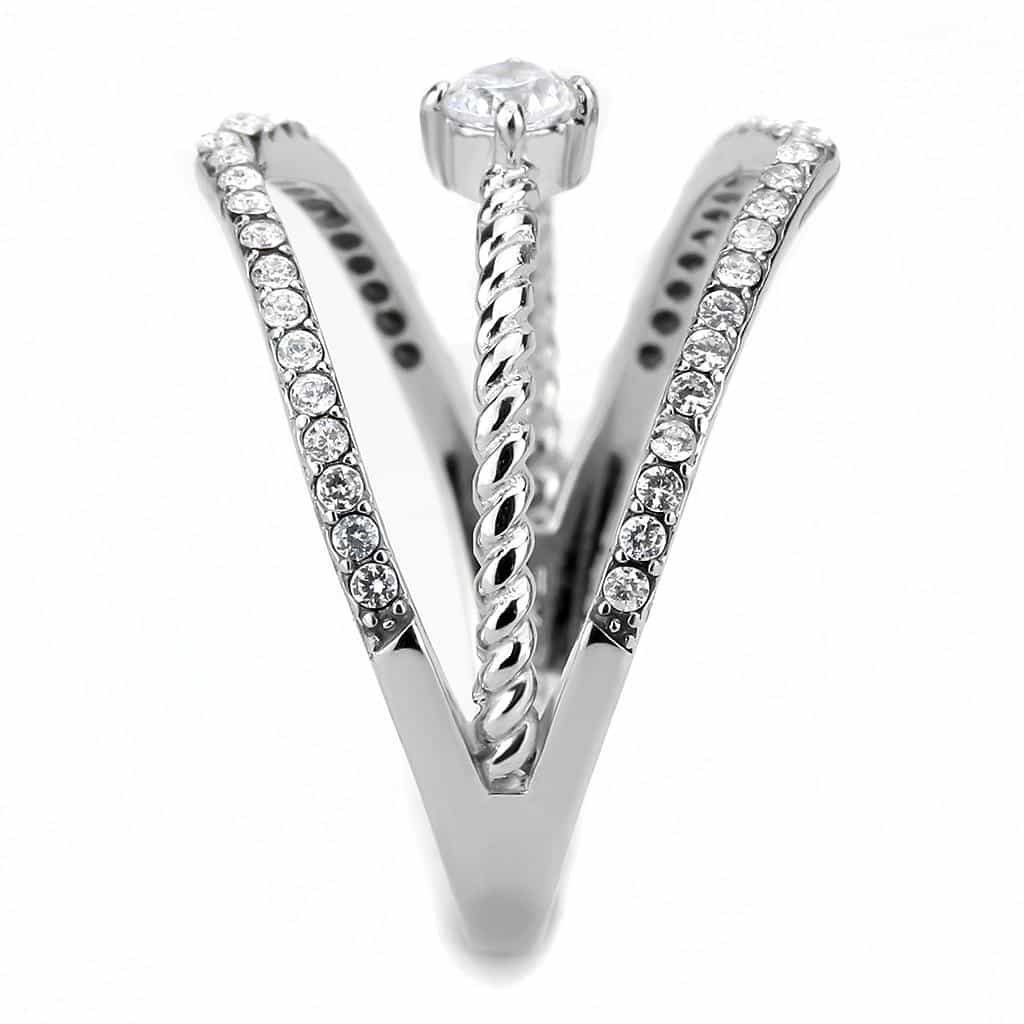 Stainless Steel CZ Round Pave V Chevron Rope Double Band Ring view 8