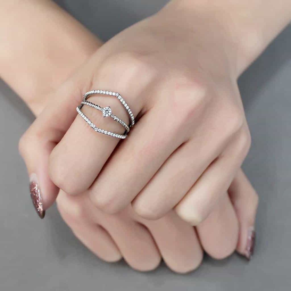Stainless Steel CZ Round Pave V Chevron Rope Double Band Ring view 10