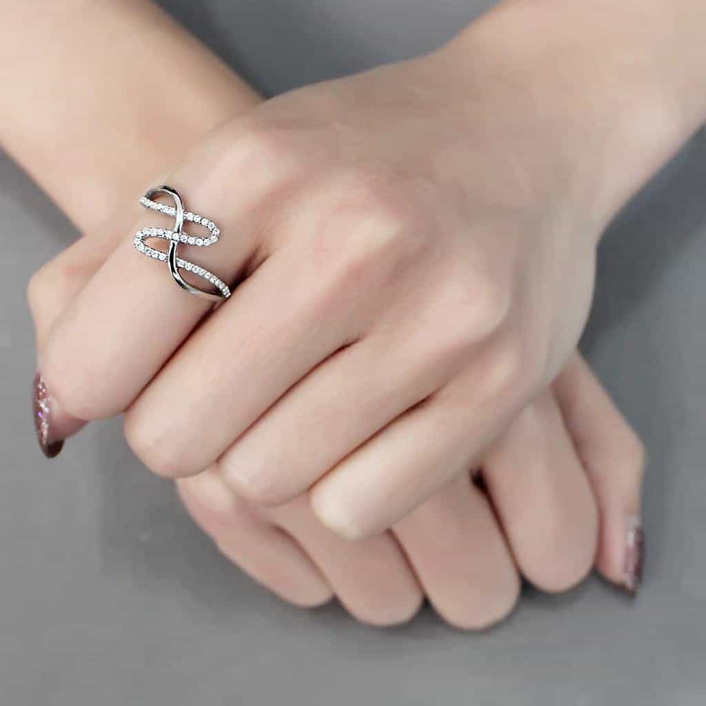 Stainless Steel CZ Pave Cursive Loop Open Bypass Ring view 10