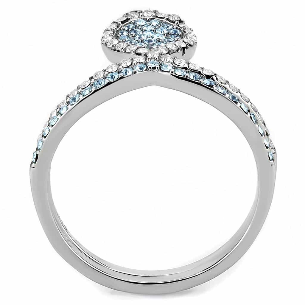 Stainless Steel Blue Topaz Pear Pave Halo V Split Solitaire Ring view 6