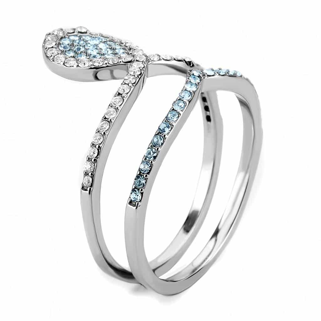 Stainless Steel Blue Topaz Pear Pave Halo V Split Solitaire Ring view 8