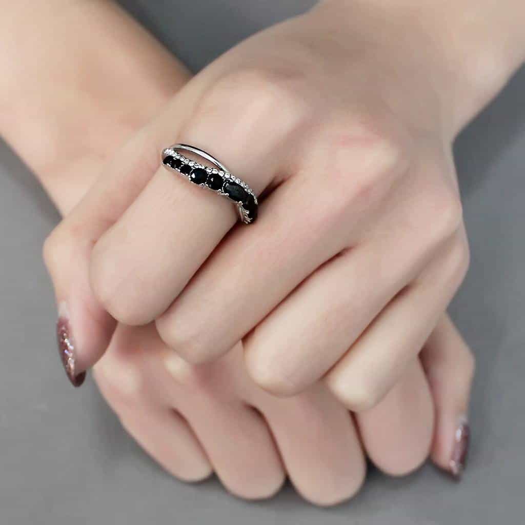 Stainless Steel Black CZ Multi Stone Pave Row Cocktail Band Ring view 10