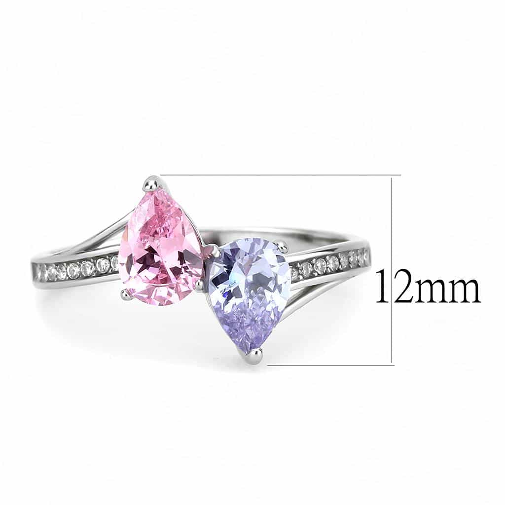 Stainless Steel Lavender Pink CZ Double Pear Pave Solitaire Ring view 4