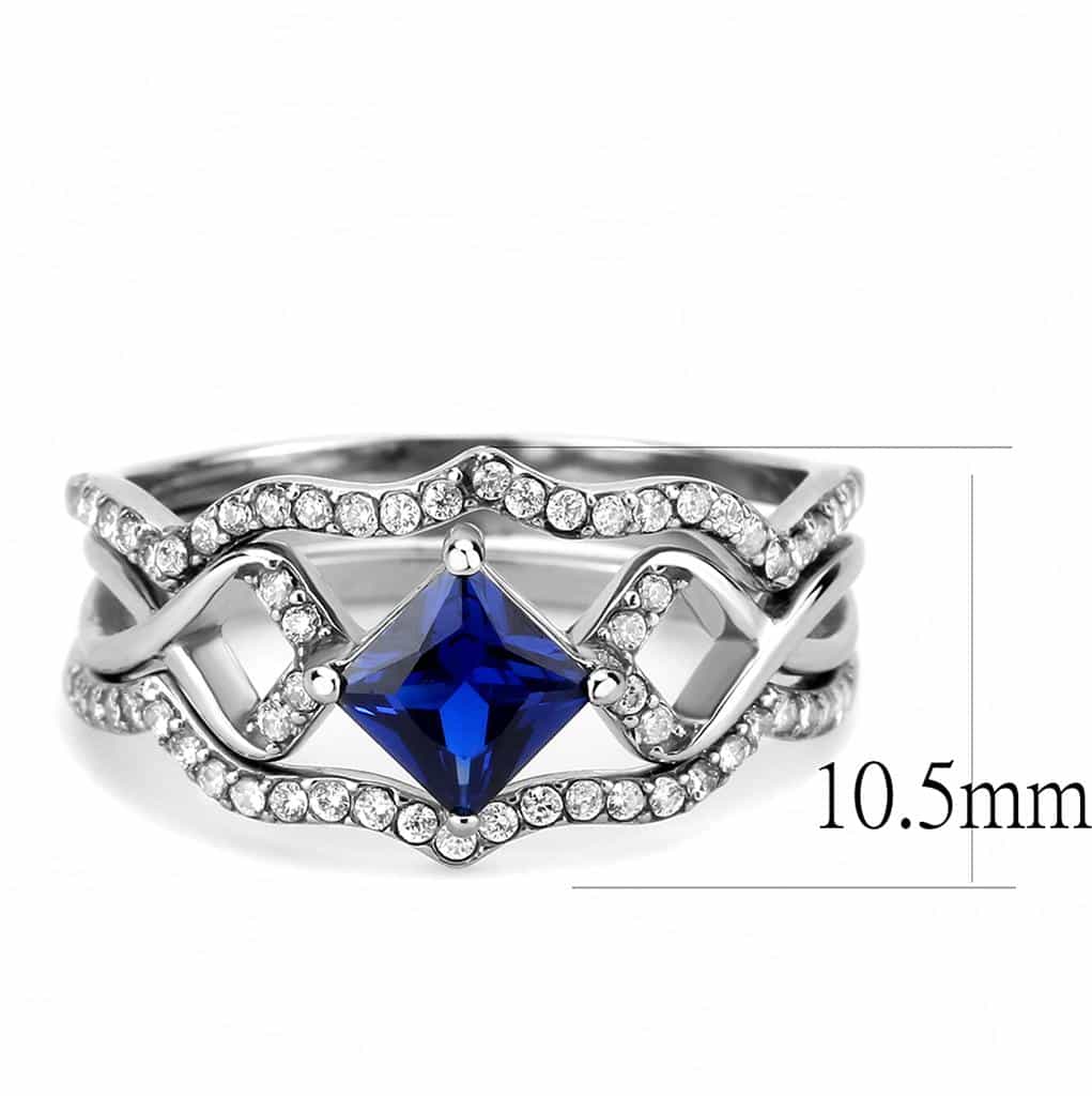 Stainless Steel Blue Sapphire Princess CZ Pave Halo Ring view 4
