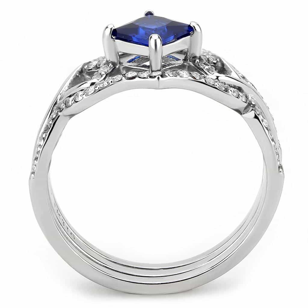 Stainless Steel Blue Sapphire Princess CZ Pave Halo Ring view 6