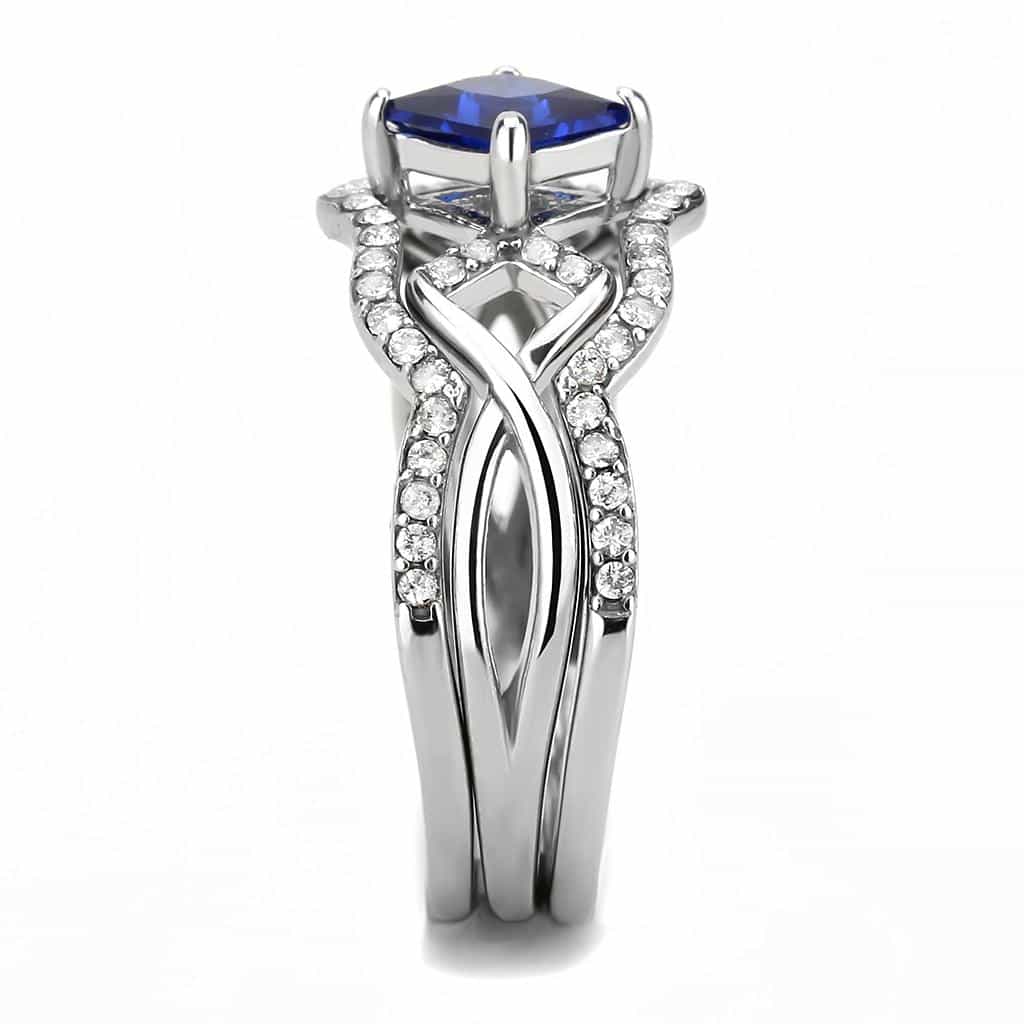 Stainless Steel Blue Sapphire Princess CZ Pave Halo Ring view 8