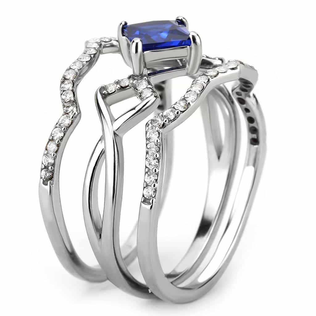 Stainless Steel Blue Sapphire Princess CZ Pave Halo Ring view 10