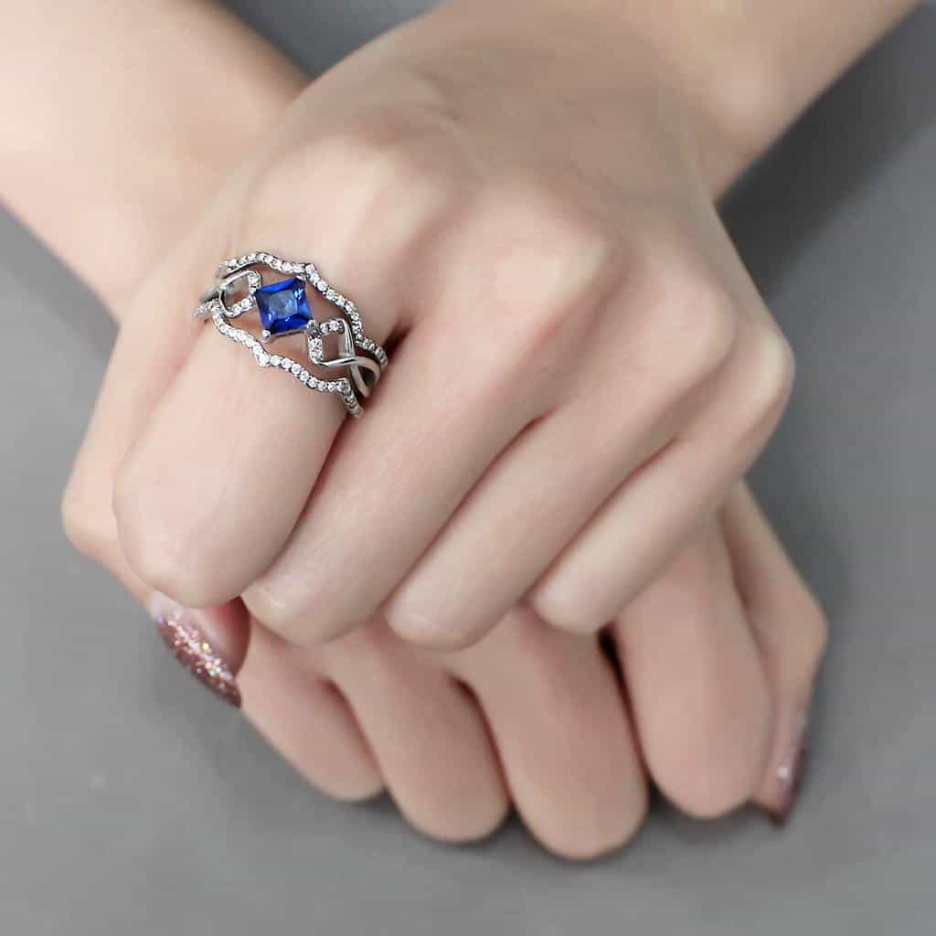 Stainless Steel Blue Sapphire Princess CZ Pave Halo Ring view 12