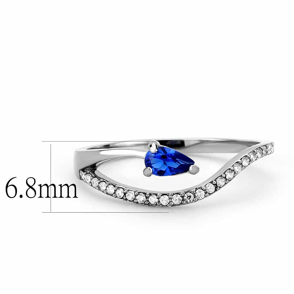 Stainless Steel Blue Sapphire Pear CZ Slim Pave Solitaire Ring view 4
