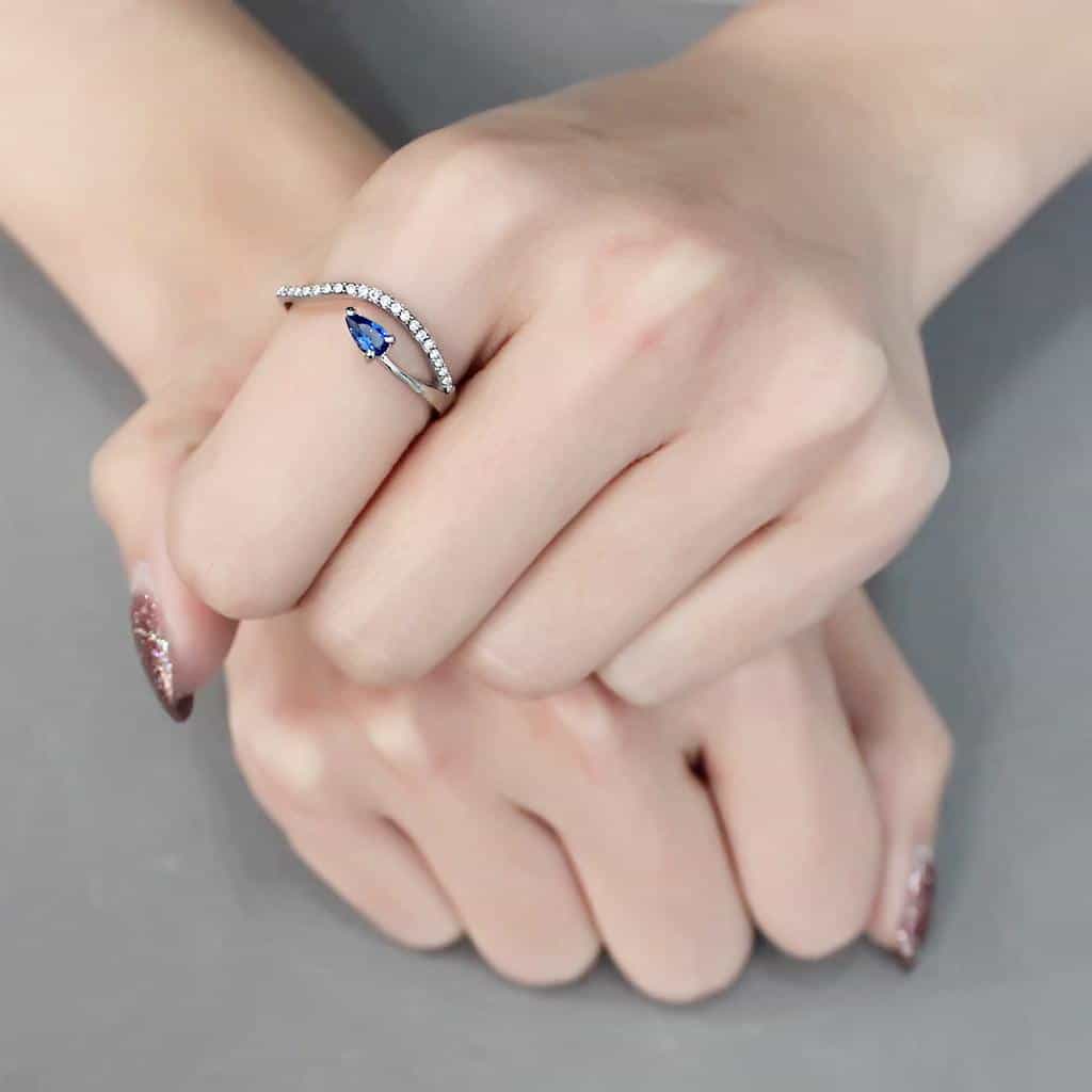 Stainless Steel Blue Sapphire Pear CZ Slim Pave Solitaire Ring view 10