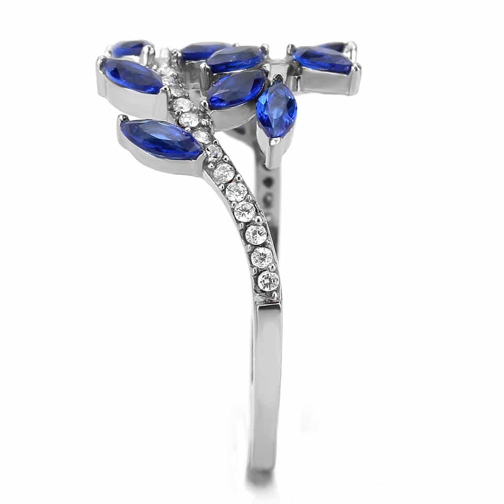 Stainless Steel Blue Sapphire Marquise Leaf Branch Open Ring view 8