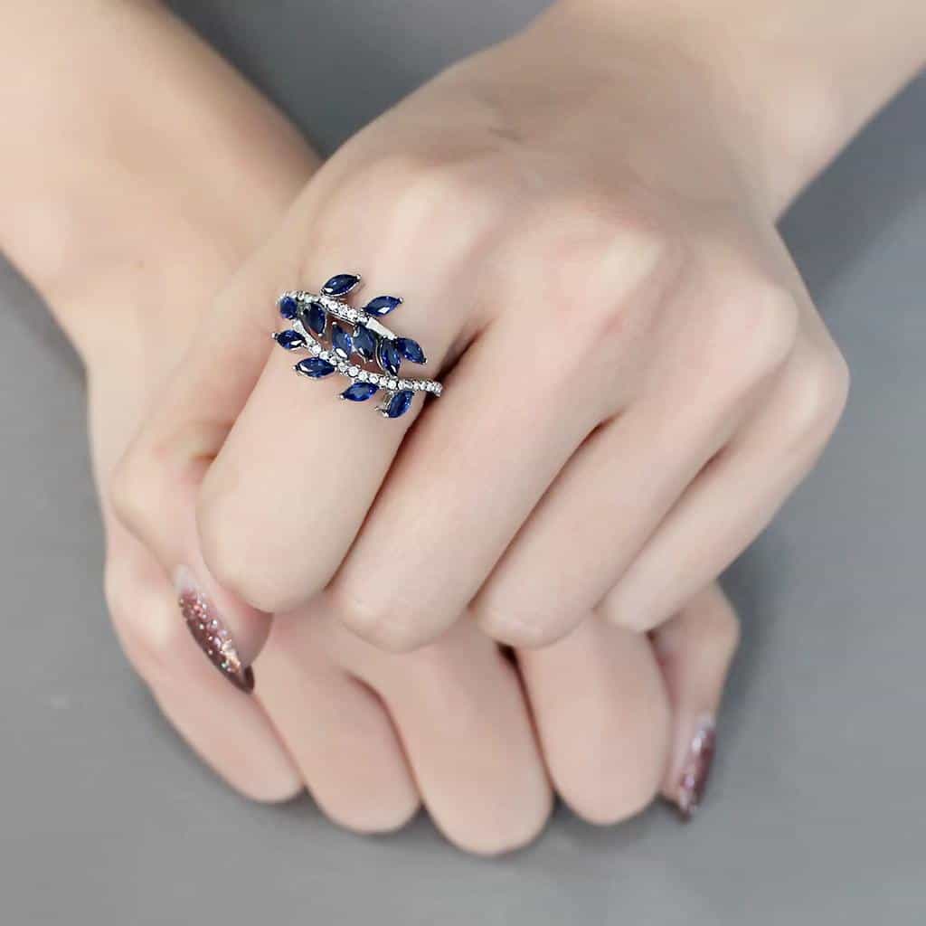 Stainless Steel Blue Sapphire Marquise Leaf Branch Open Ring view 10