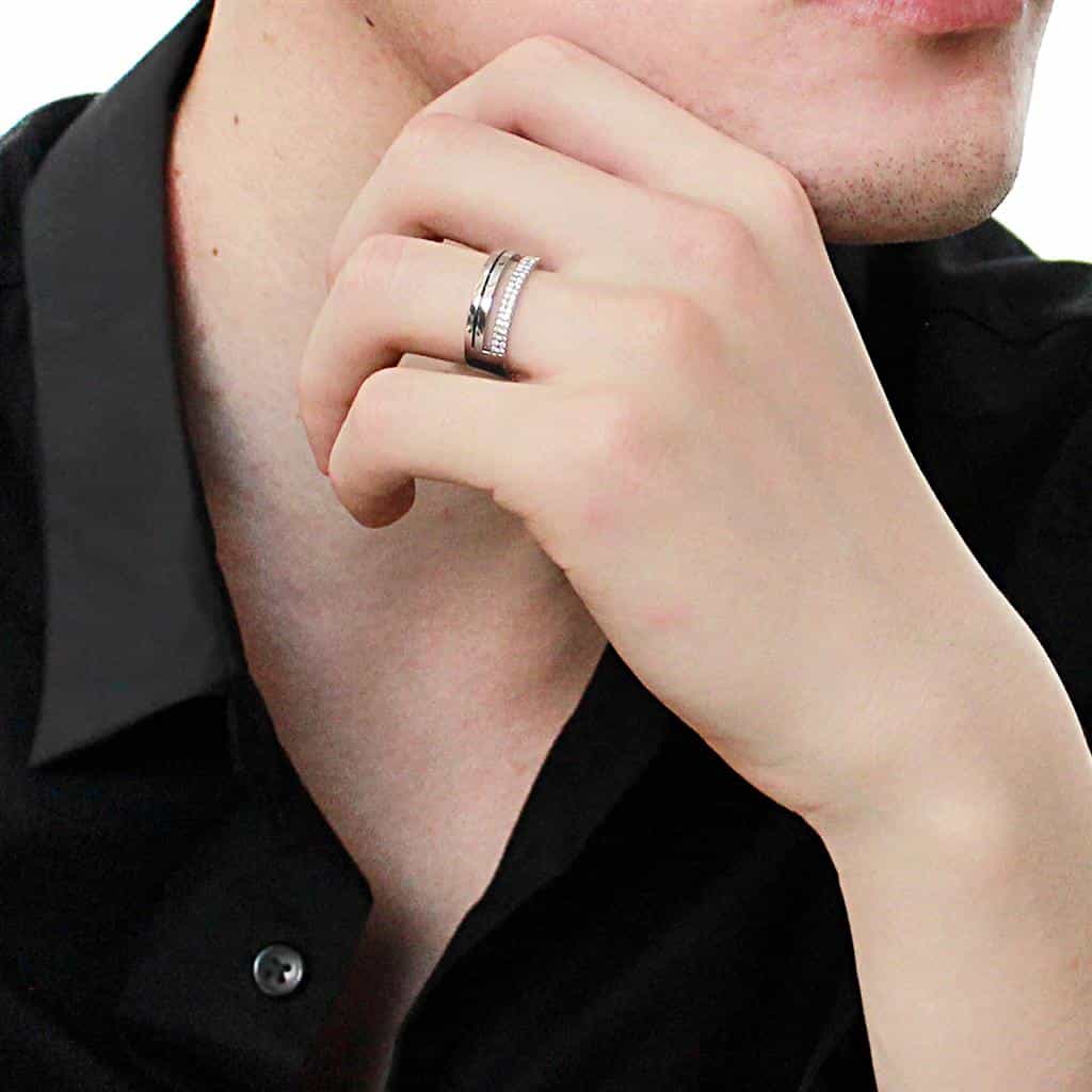 Stainless Steel CZ Pave Row Wide Polished Dome Band Ring view 12