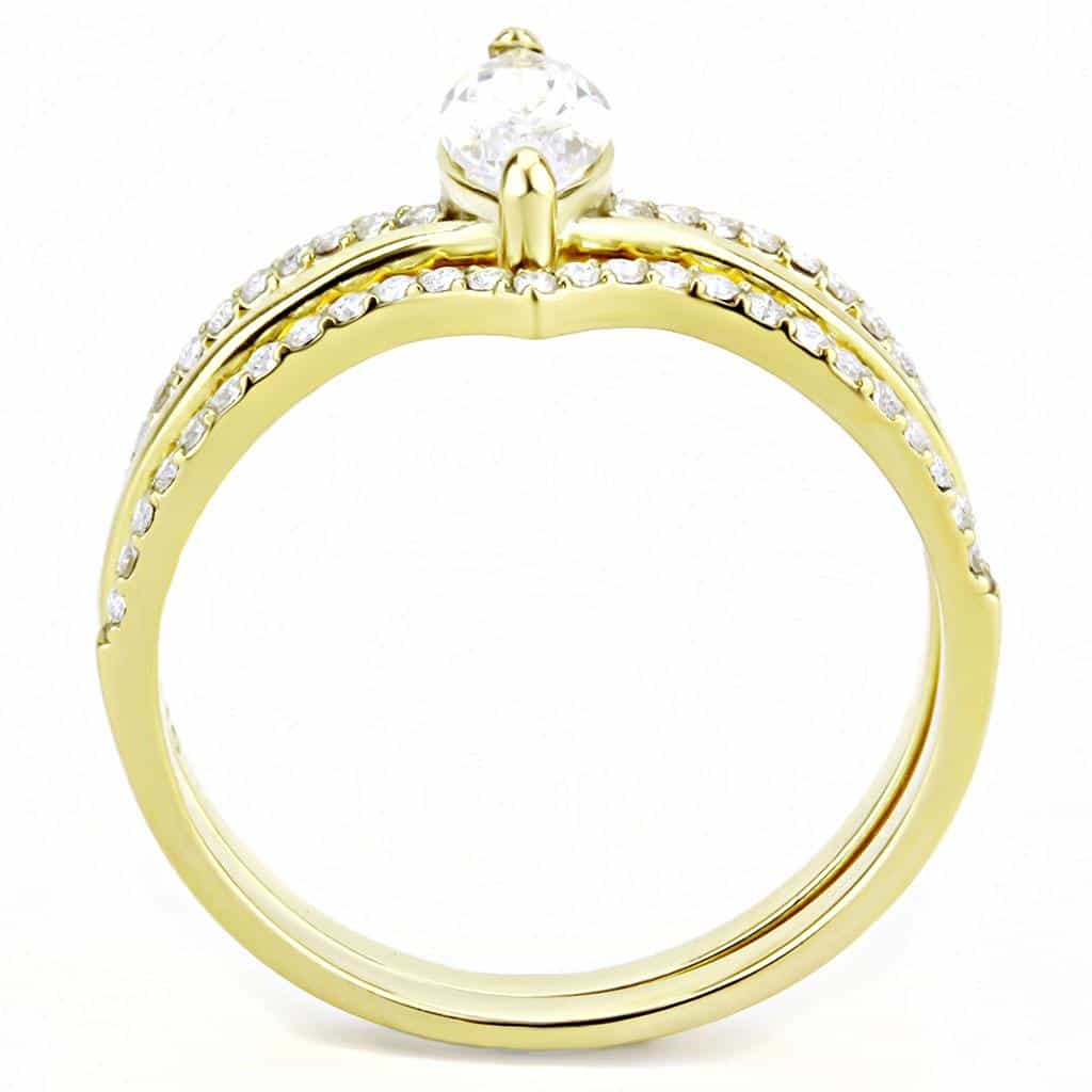 Stainless Steel Gold CZ Marquise Pave Double Band Bridal Set Ring view 6