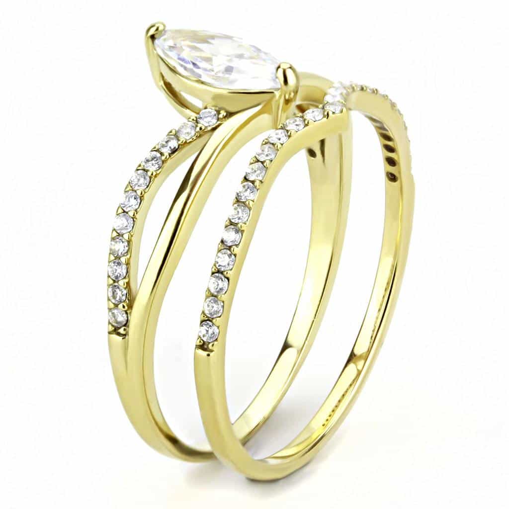 Stainless Steel Gold CZ Marquise Pave Double Band Bridal Set Ring view 8