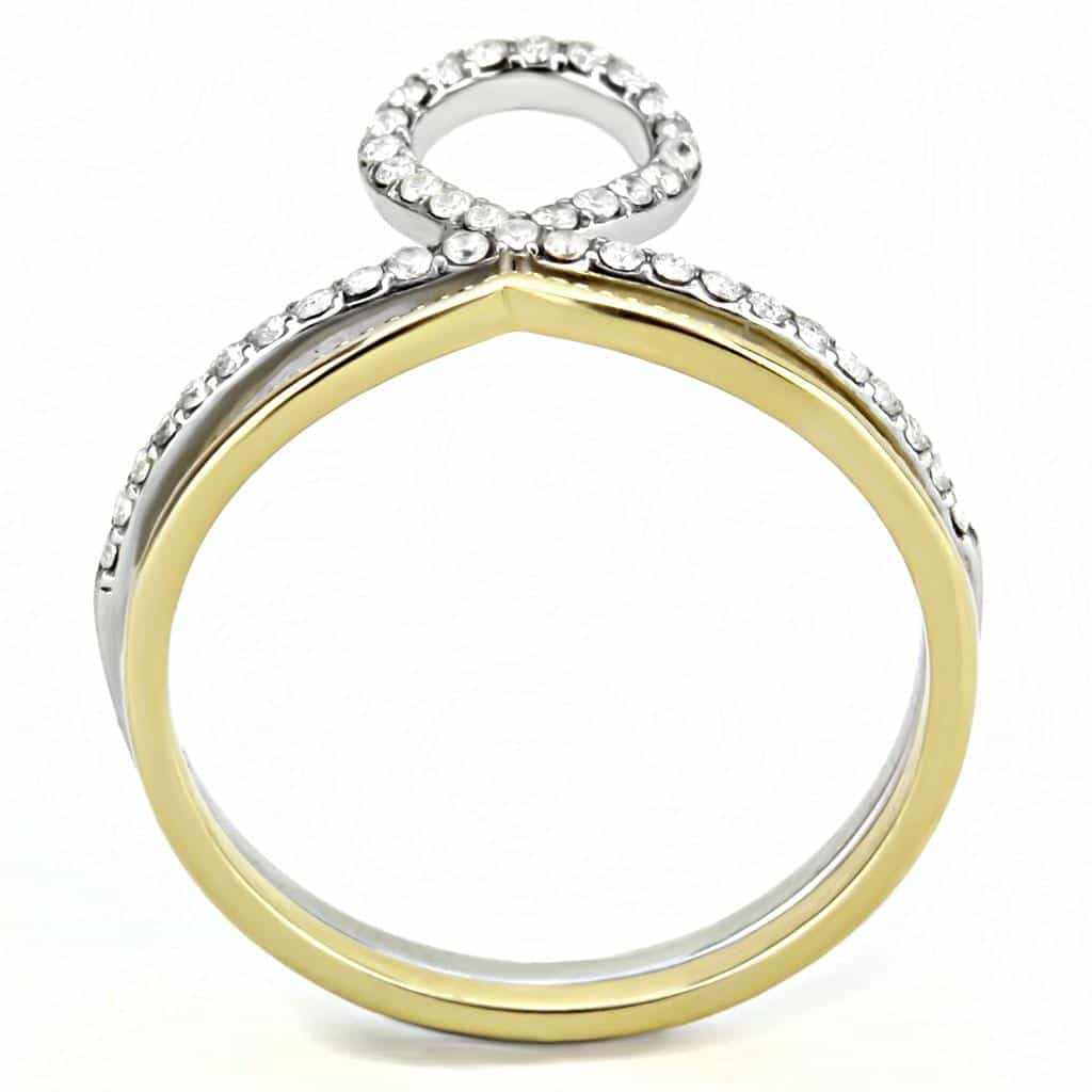 Stainless Steel Gold CZ Pave Open Circle V Chevron Set Ring view 6