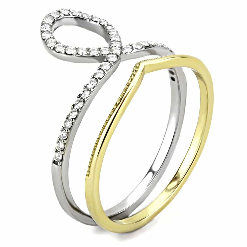 Stainless Steel Gold CZ Pave Open Circle V Chevron Set Ring view 8