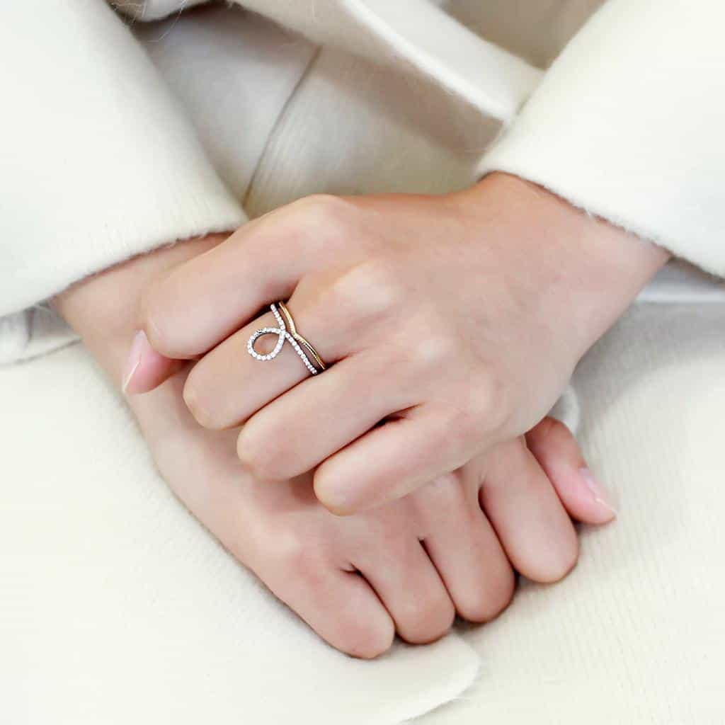 Stainless Steel Gold CZ Pave Open Circle V Chevron Set Ring view 10