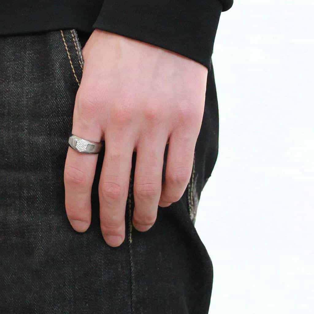 Stainless Steel CZ Pave Hexagon Flat Top Men Signet Ring view 10