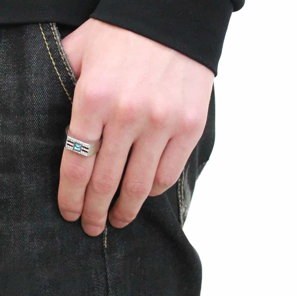 Stainless Steel Blue Topaz Square CZ Pave Cross Grid Men Ring view 10