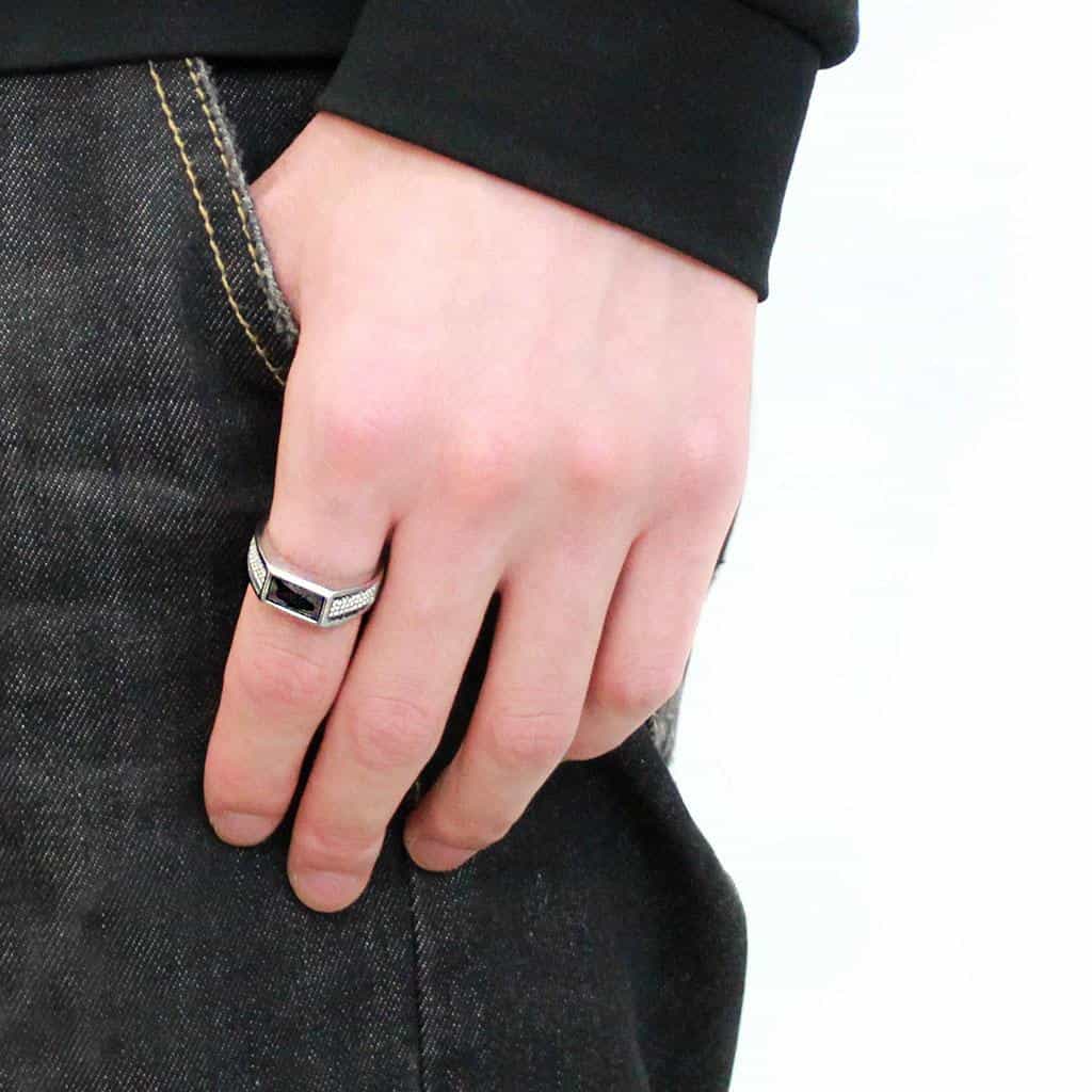 Stainless Steel Black CZ Emerald Cut Pave Shoulder Men Ring view 10