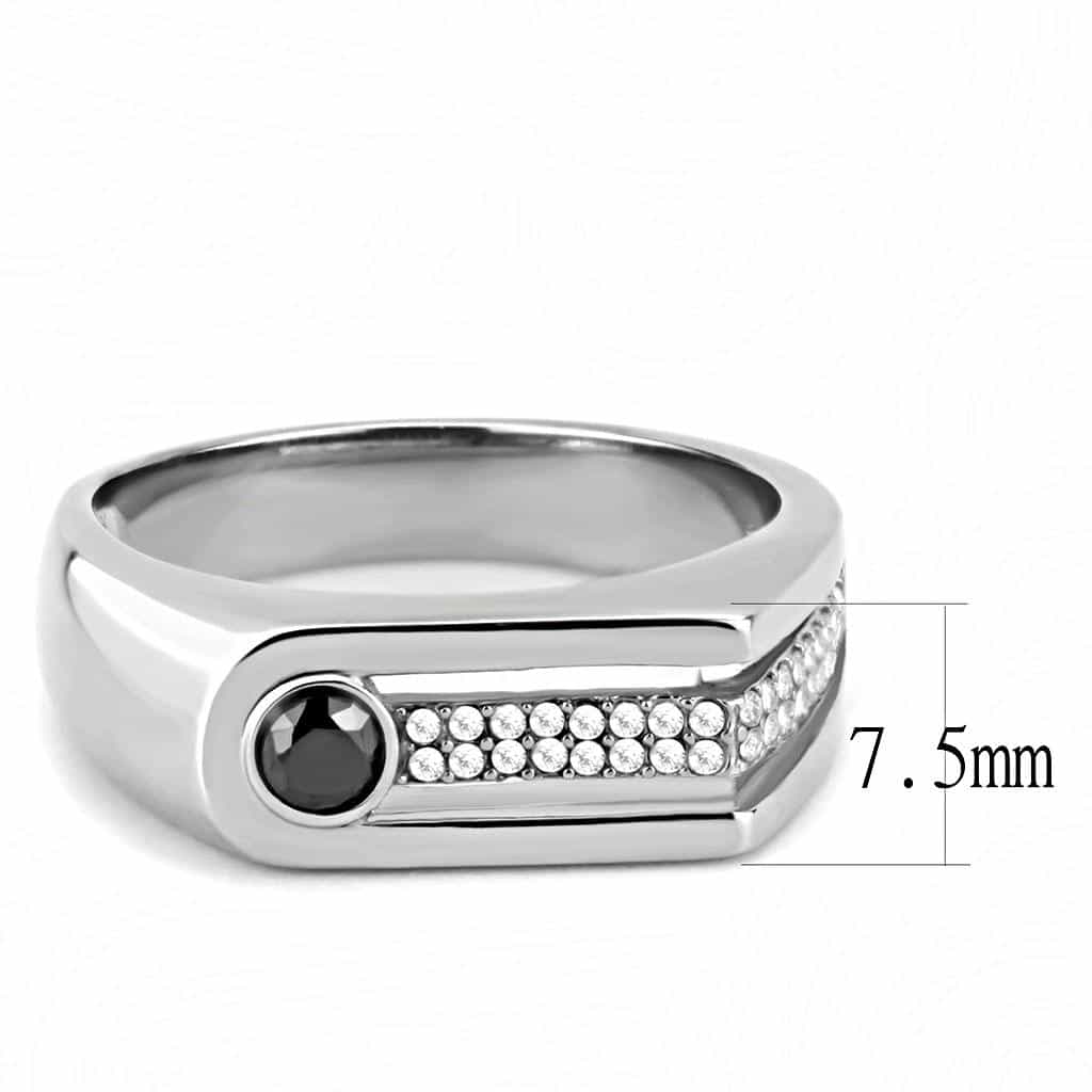 Stainless Steel Black CZ Round Bezel Pave Accent Men Signet Ring view 4