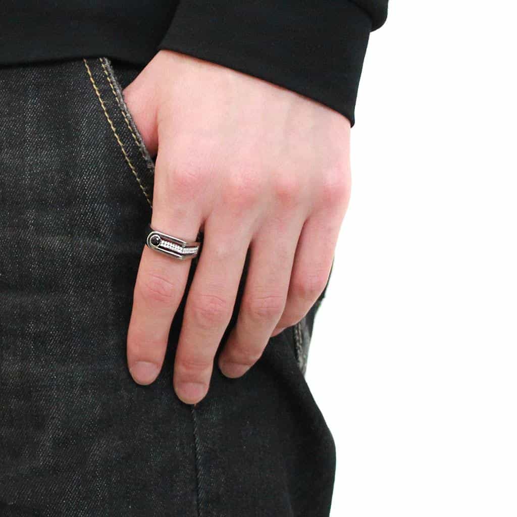 Stainless Steel Black CZ Round Bezel Pave Accent Men Signet Ring view 10