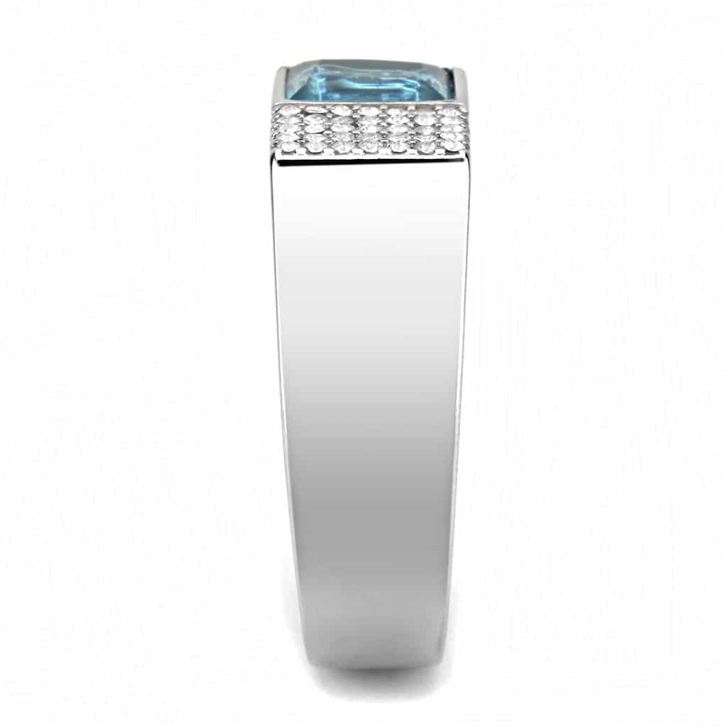 Stainless Steel Blue Topaz Square Bezel CZ Pave Men Signet Ring view 8