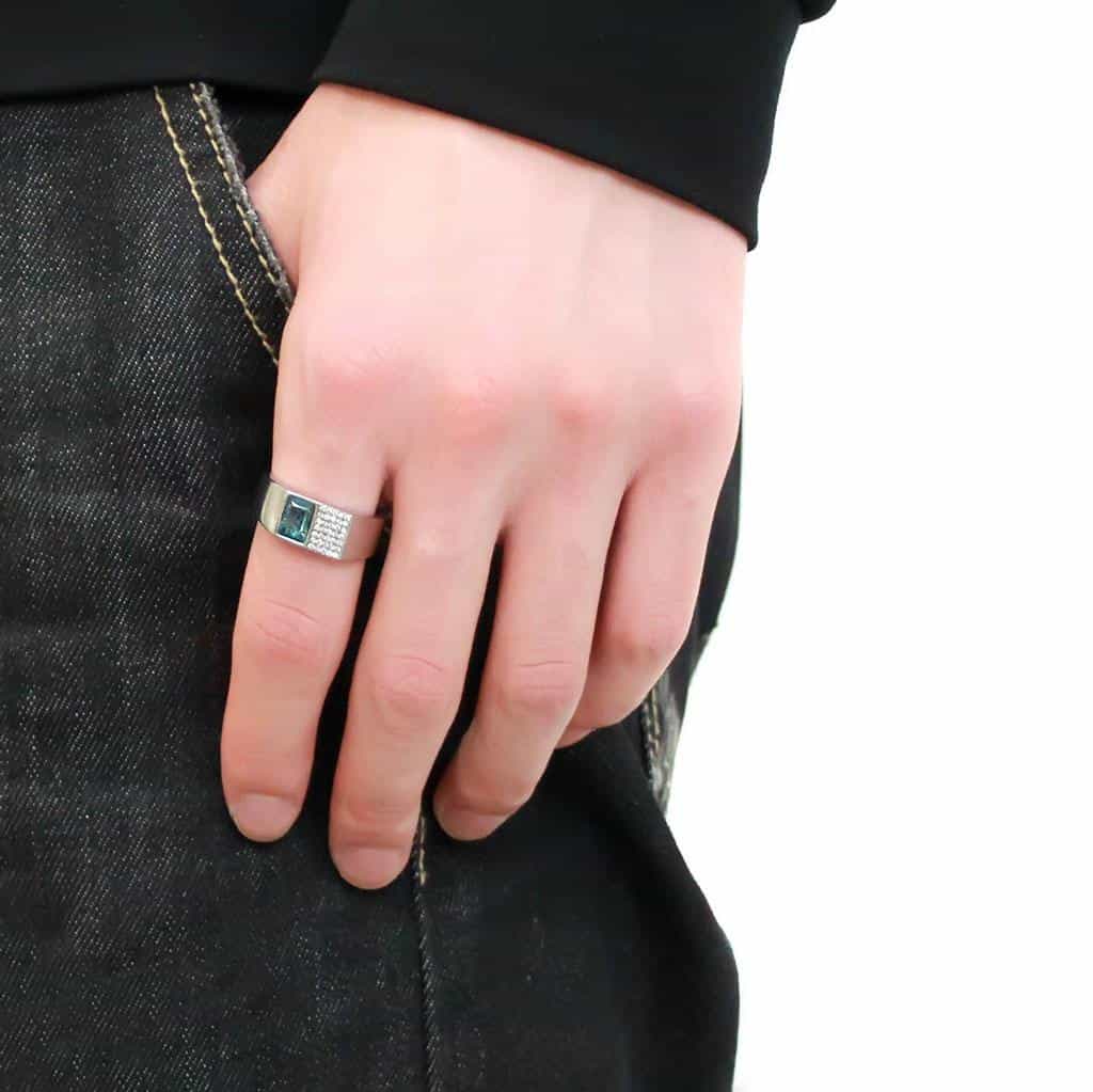 Stainless Steel Blue Topaz Square Bezel CZ Pave Men Signet Ring view 10